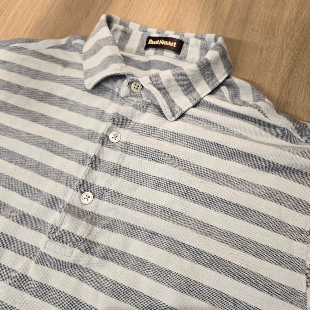 Paul Stuart Mens Blue White Striped Pima Cotton Short Sleeve Polo Shirt Size M